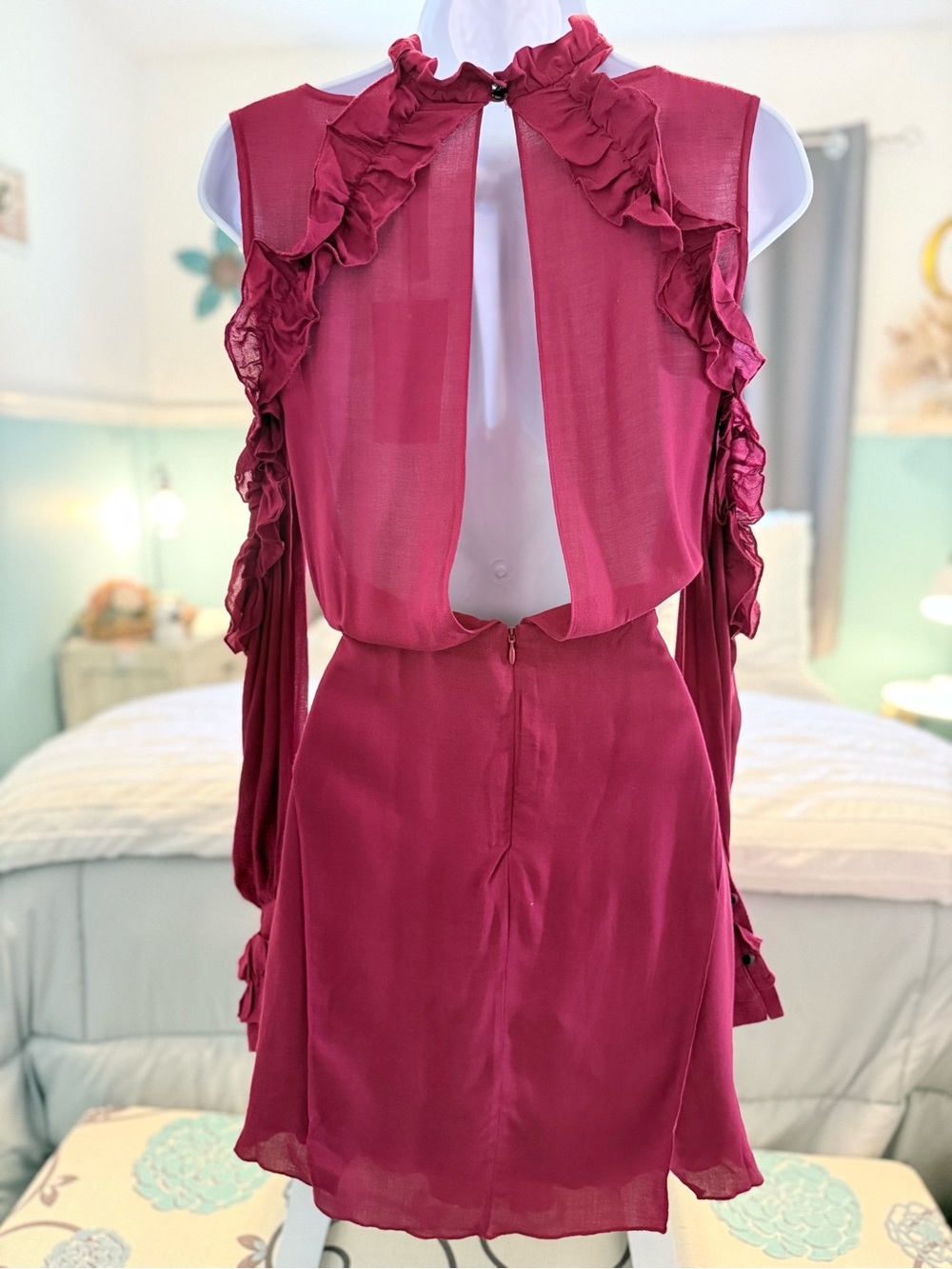 IRO Burgundy Cold-Shoulder Ruffle Keyhole Long-Sleeve Dress - Picture 2 of 4